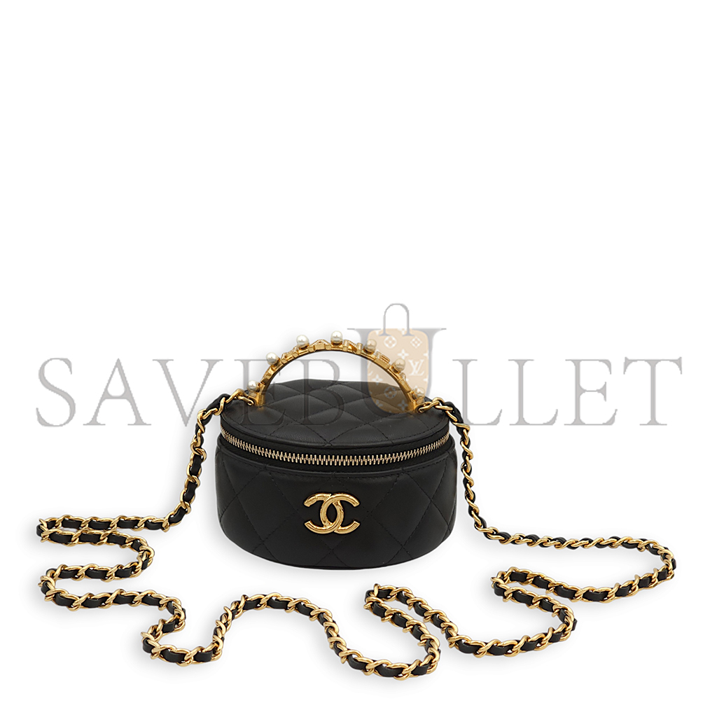 Ch*el master round vanity logopearl black top handle bag in lambskin, gold hardware (11*9*6cm)